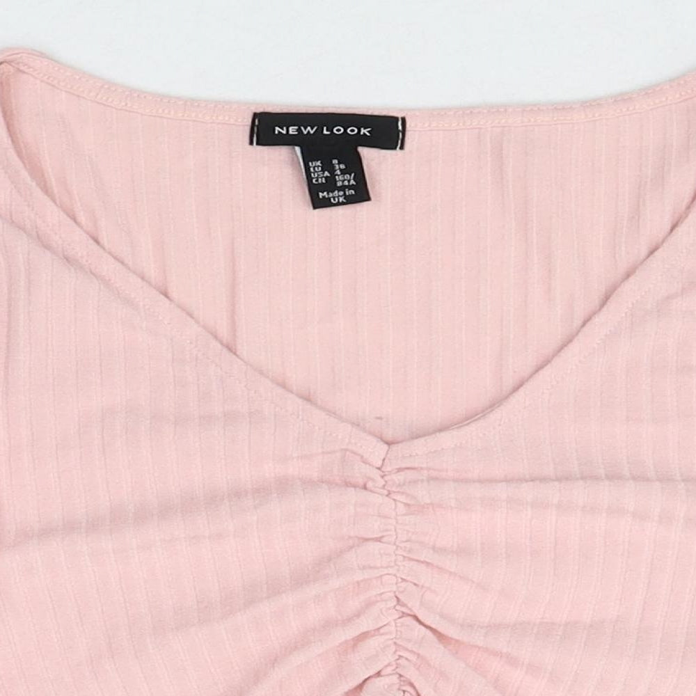 New Look Womens Pink Polyester Cropped T-Shirt Size 8 V-Neck - Front Ruched
