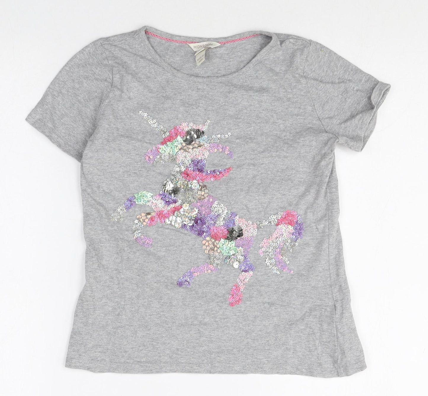 Monsoon Girls Grey Cotton Basic T-Shirt Size 11-12 Years Round Neck Pullover - Unicorn