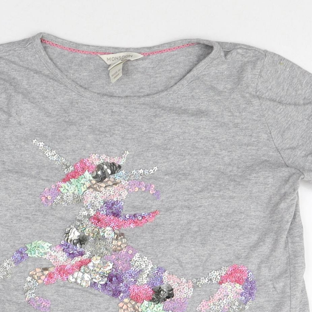 Monsoon Girls Grey Cotton Basic T-Shirt Size 11-12 Years Round Neck Pullover - Unicorn