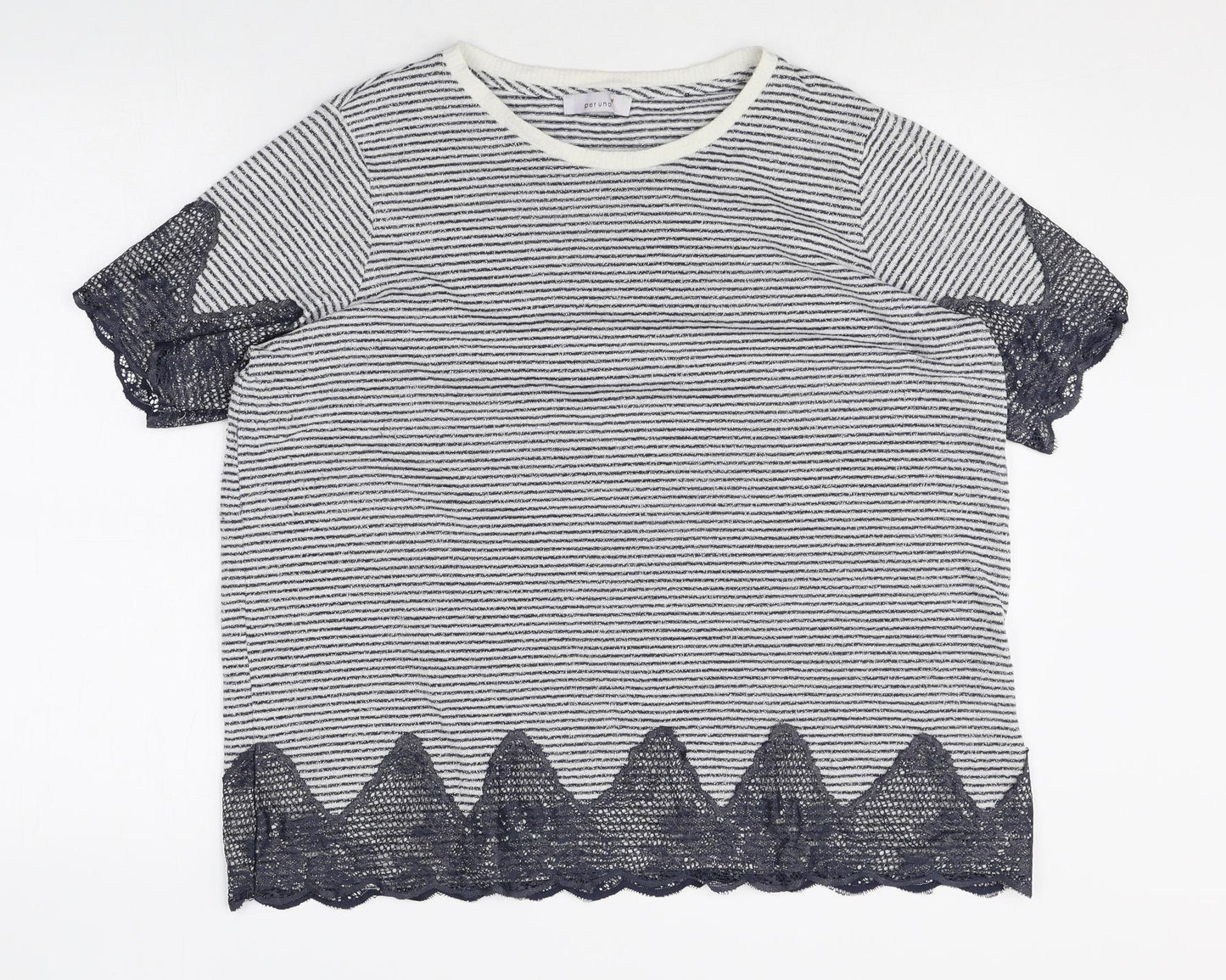 Per Una Womens Grey Striped Polyester Basic T-Shirt Size 22 Scoop Neck - Lace Trim