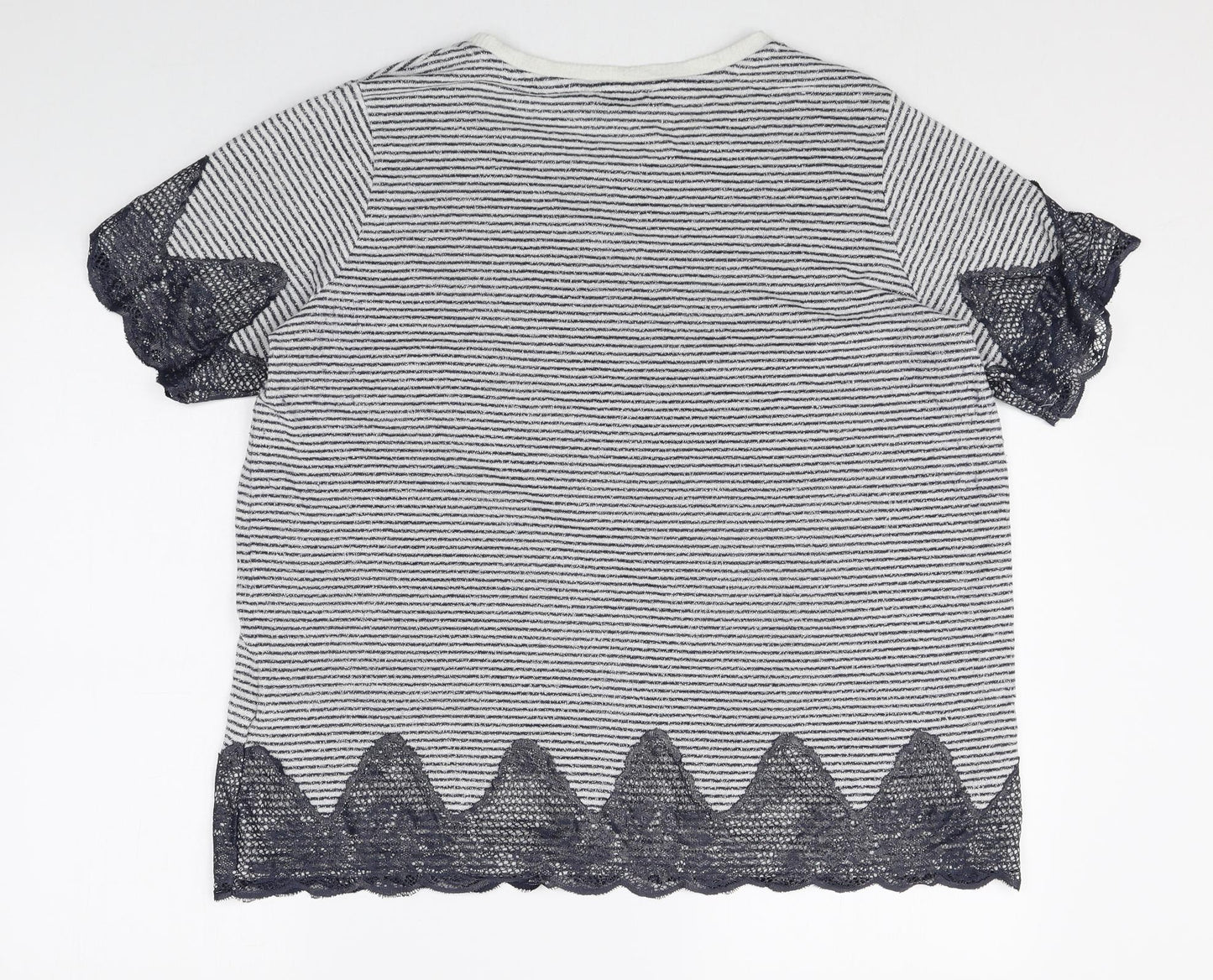 Per Una Womens Grey Striped Polyester Basic T-Shirt Size 22 Scoop Neck - Lace Trim