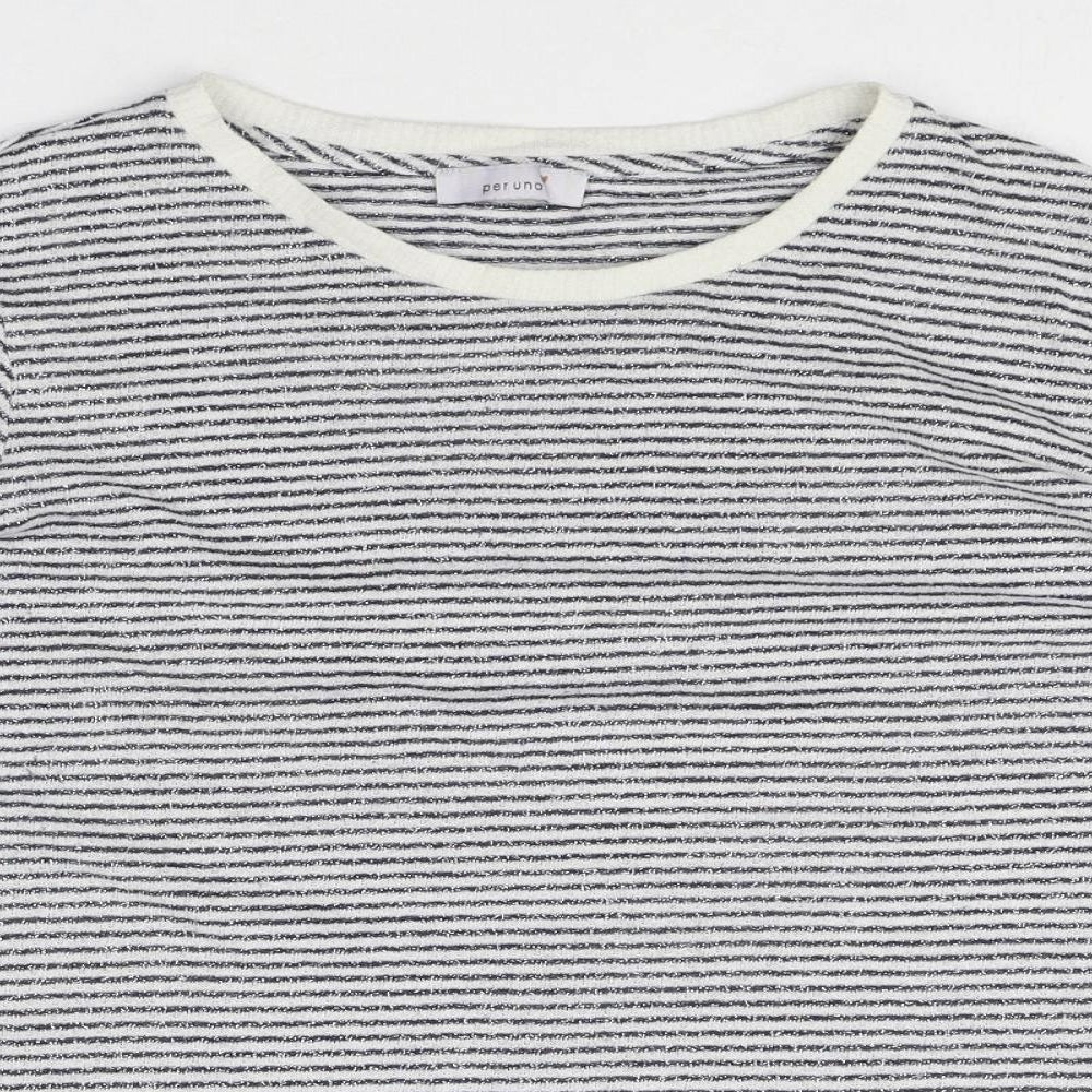 Per Una Womens Grey Striped Polyester Basic T-Shirt Size 22 Scoop Neck - Lace Trim