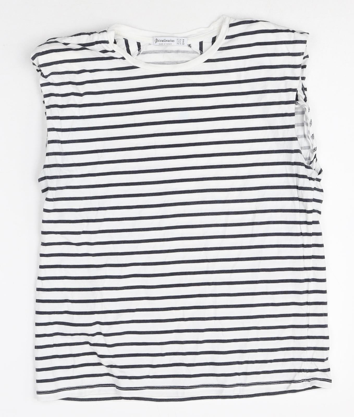Stradivarius Womens Multicoloured Striped Cotton Basic T-Shirt Size M Round Neck