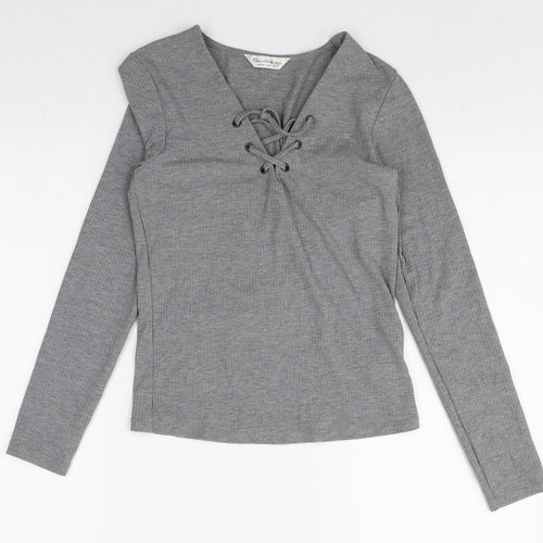 Miss Selfridge Womens Grey Polyacrylate Fibre Basic T-Shirt Size 10 V-Neck - Lace Up Front Detail