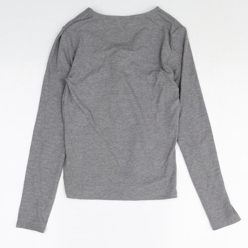 Miss Selfridge Womens Grey Polyacrylate Fibre Basic T-Shirt Size 10 V-Neck - Lace Up Front Detail