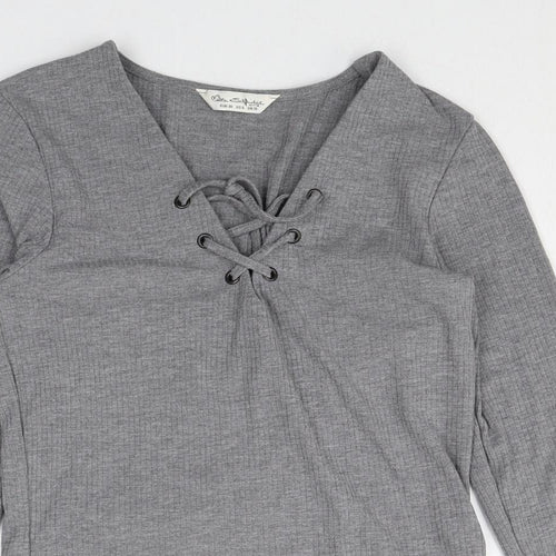 Miss Selfridge Womens Grey Polyacrylate Fibre Basic T-Shirt Size 10 V-Neck - Lace Up Front Detail