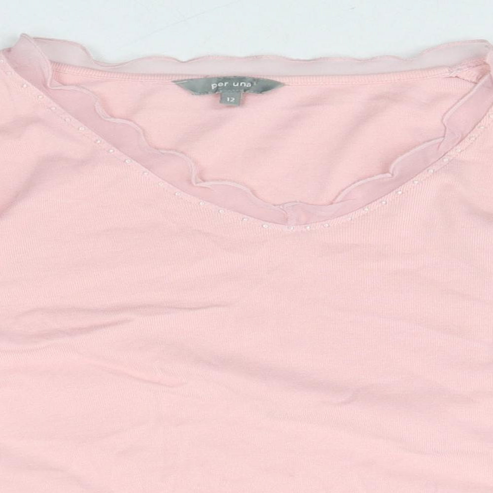 Per Una Womens Pink 100% Cotton Basic T-Shirt Size 12 V-Neck