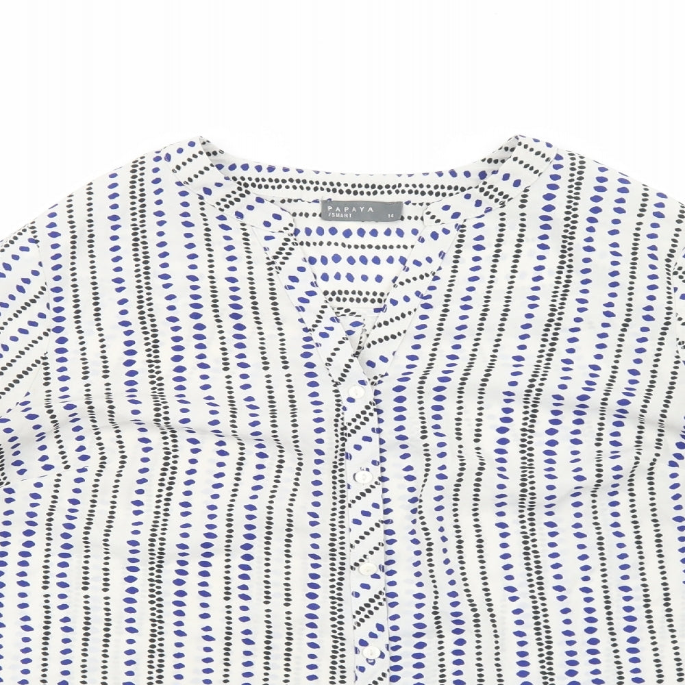 Papaya Womens White Geometric Polyester Basic Button-Up Size 14 V-Neck