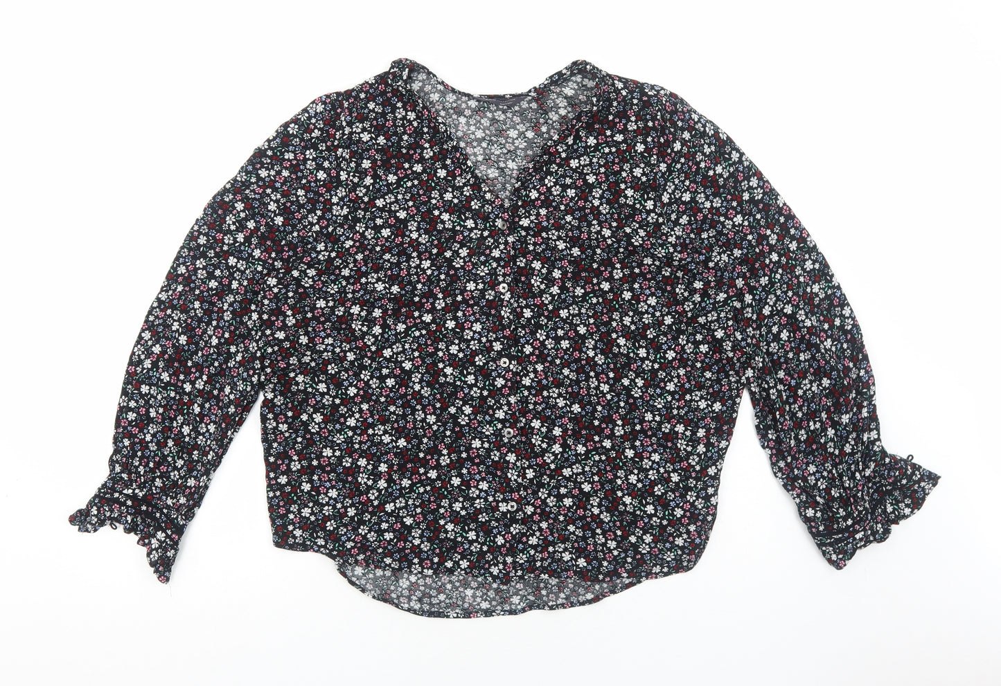 Marks and Spencer Womens Black Floral Viscose Basic Blouse Size 16 V-Neck