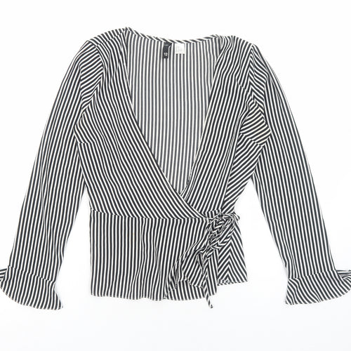 H&M Womens White Striped Polyester Wrap Blouse Size 12 V-Neck