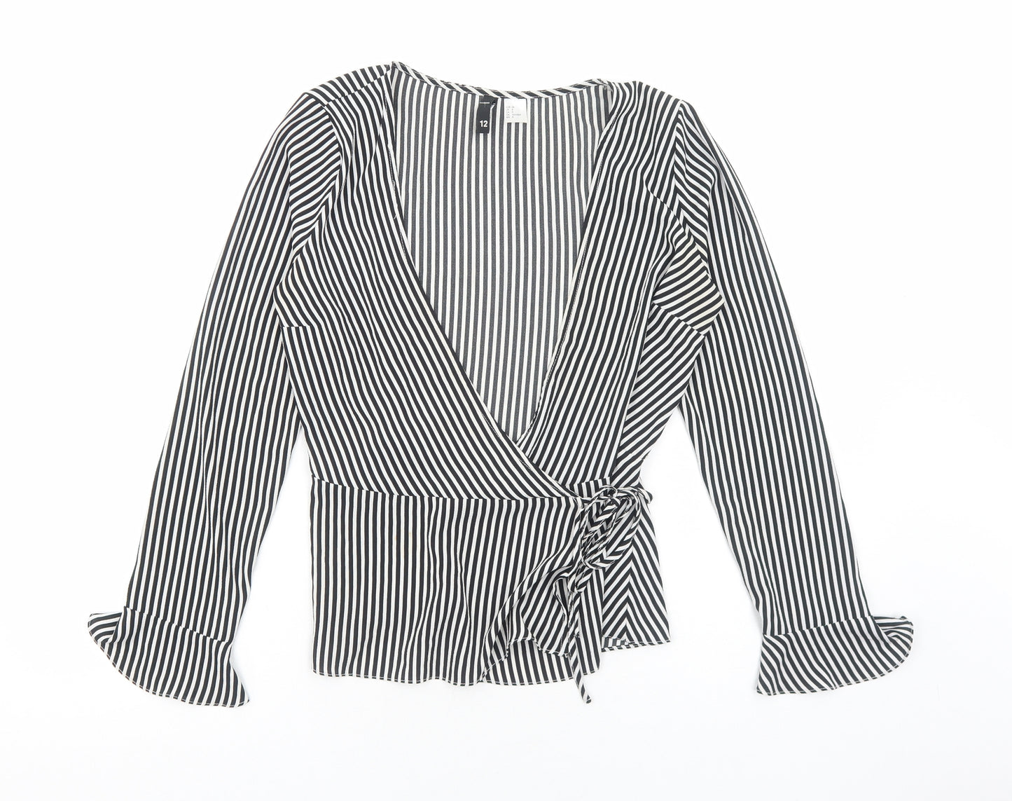 H&M Womens White Striped Polyester Wrap Blouse Size 12 V-Neck