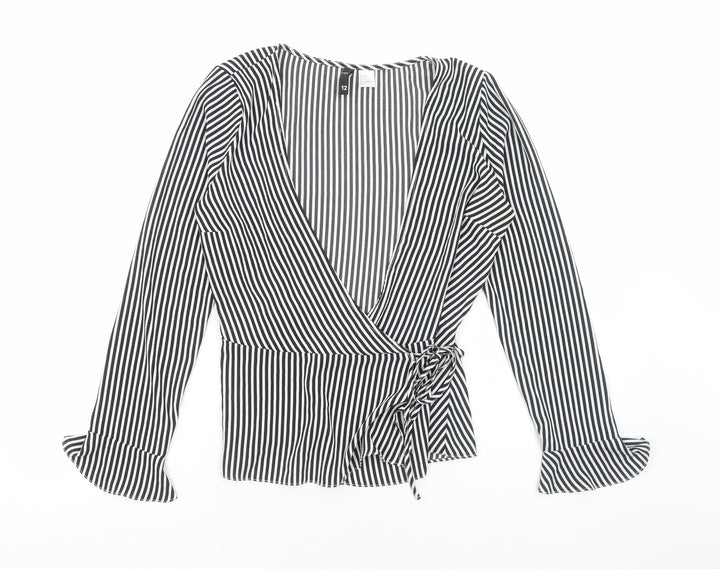 H&M Womens White Striped Polyester Wrap Blouse Size 12 V-Neck