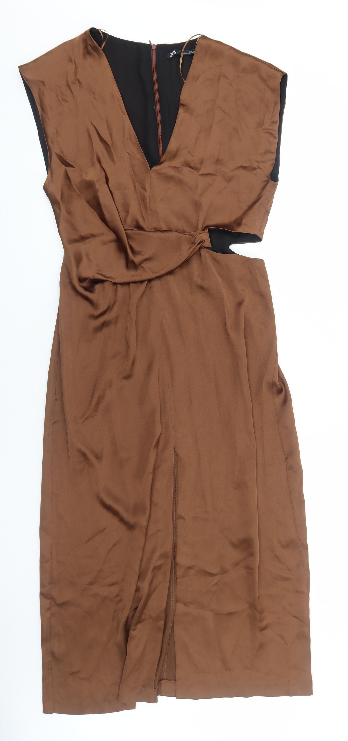 Zara Womens Brown Polyester A-Line Size L V-Neck Zip