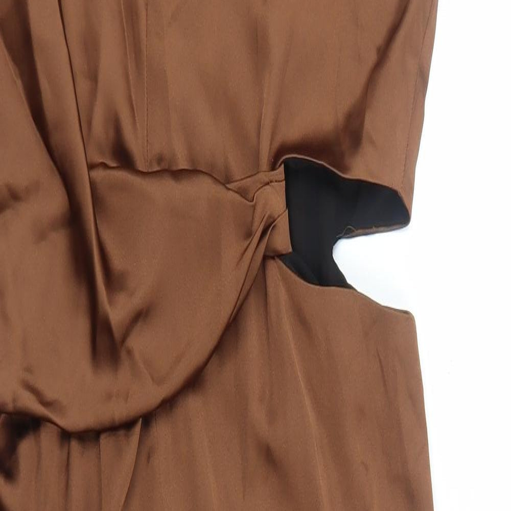 Zara Womens Brown Polyester A-Line Size L V-Neck Zip