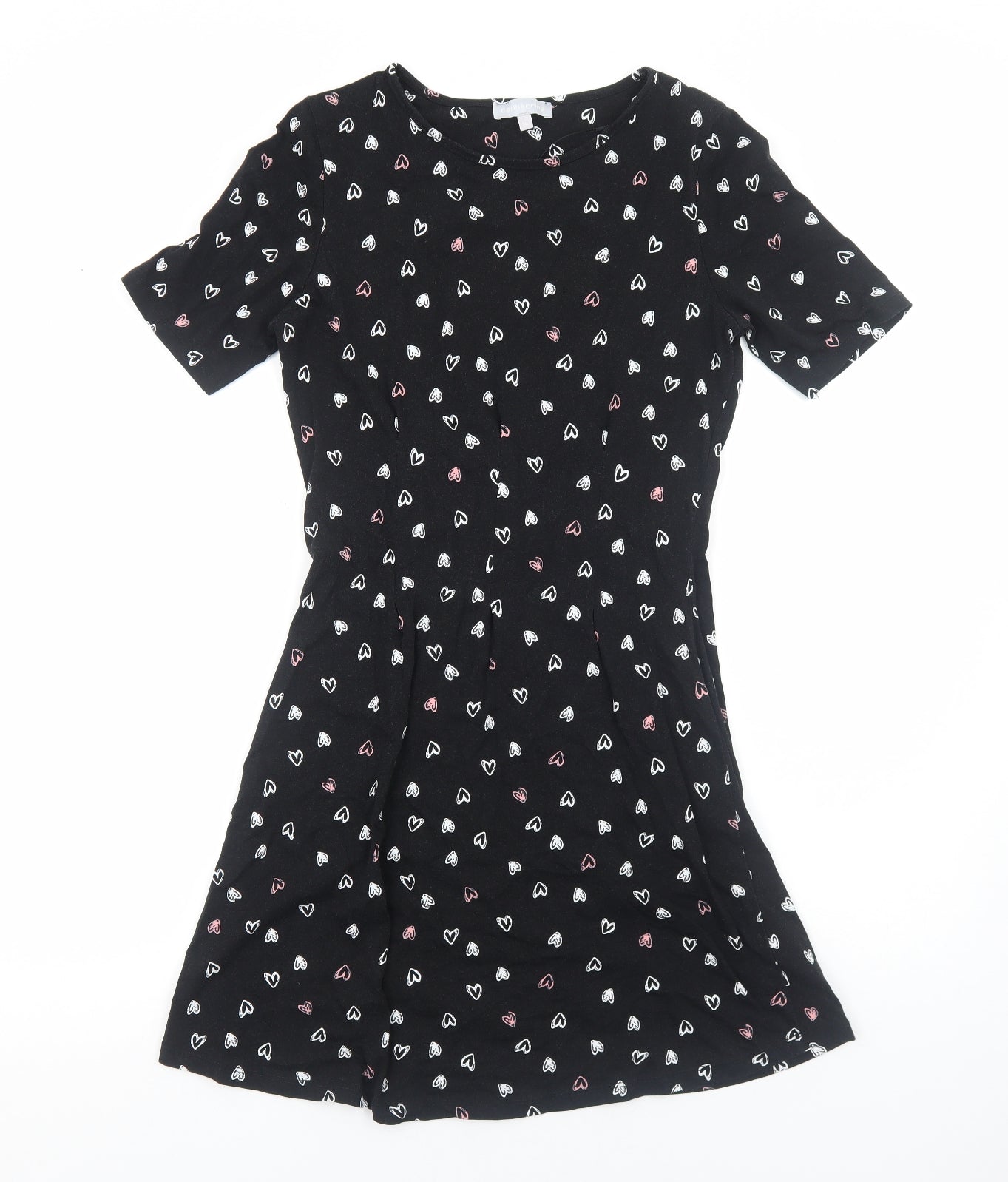 Red Herring Womens Black Geometric Cotton A-Line Size 12 Round Neck Pullover - Love Heart