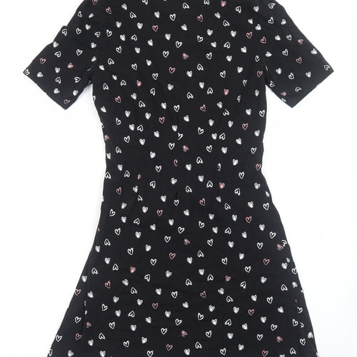 Red Herring Womens Black Geometric Cotton A-Line Size 12 Round Neck Pullover - Love Heart