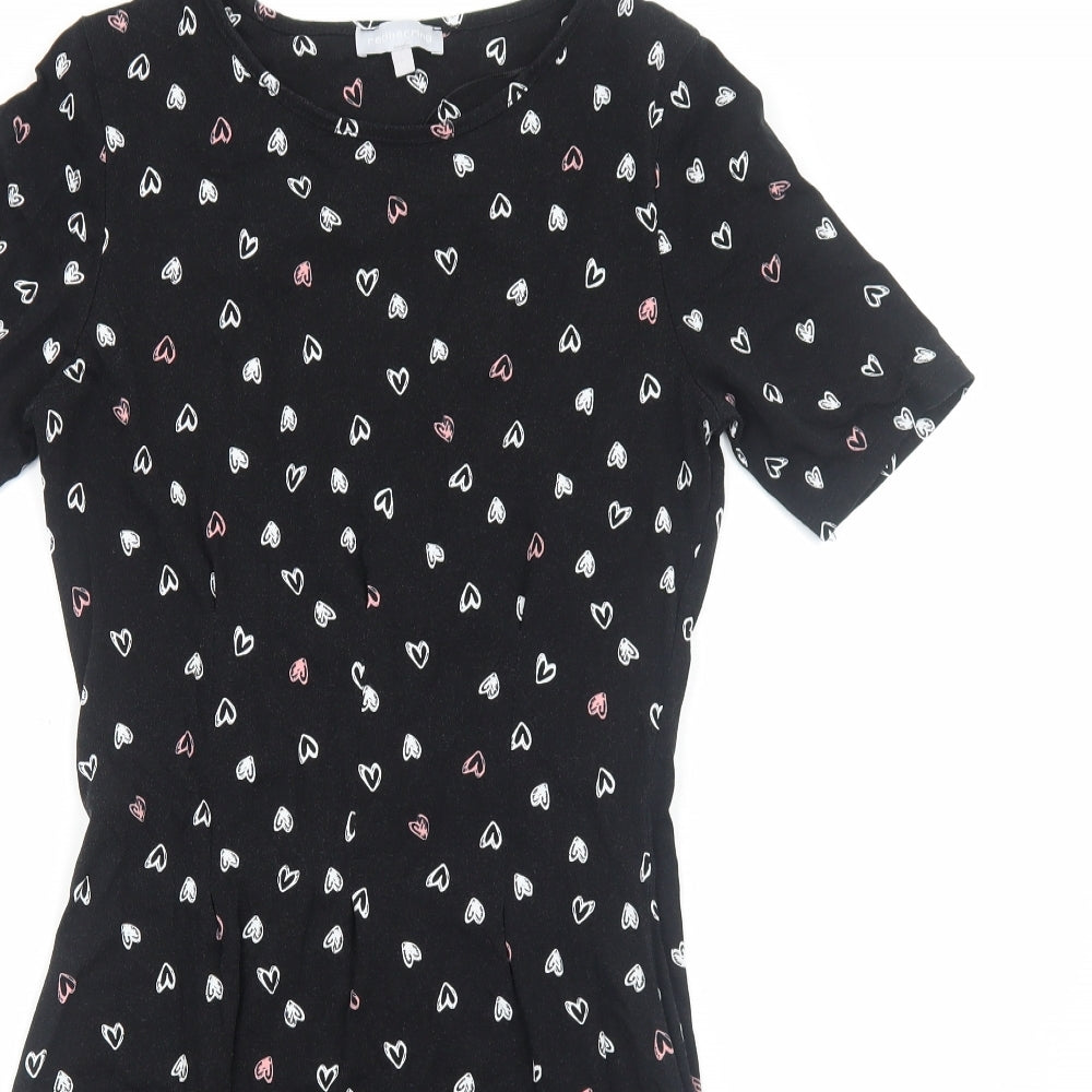 Red Herring Womens Black Geometric Cotton A-Line Size 12 Round Neck Pullover - Love Heart