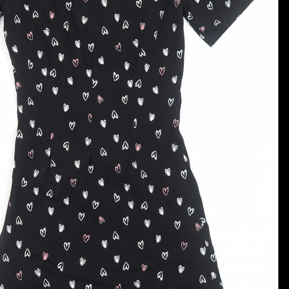 Red Herring Womens Black Geometric Cotton A-Line Size 12 Round Neck Pullover - Love Heart