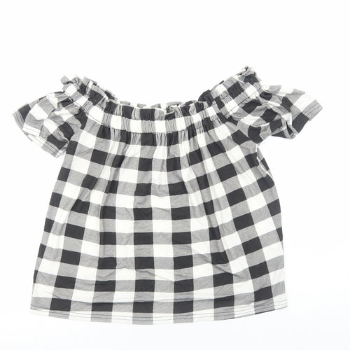Primark Womens Black Check Viscose Basic Blouse Size 12 Boat Neck