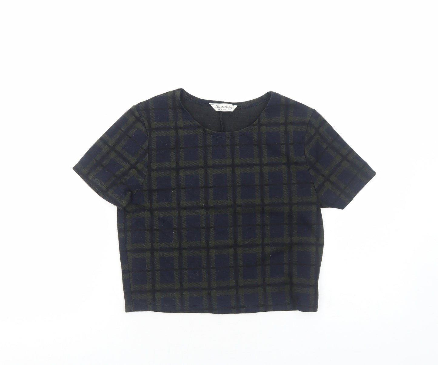 Miss Selfridge Womens Green Geometric Polyester Cropped T-Shirt Size 10 Round Neck