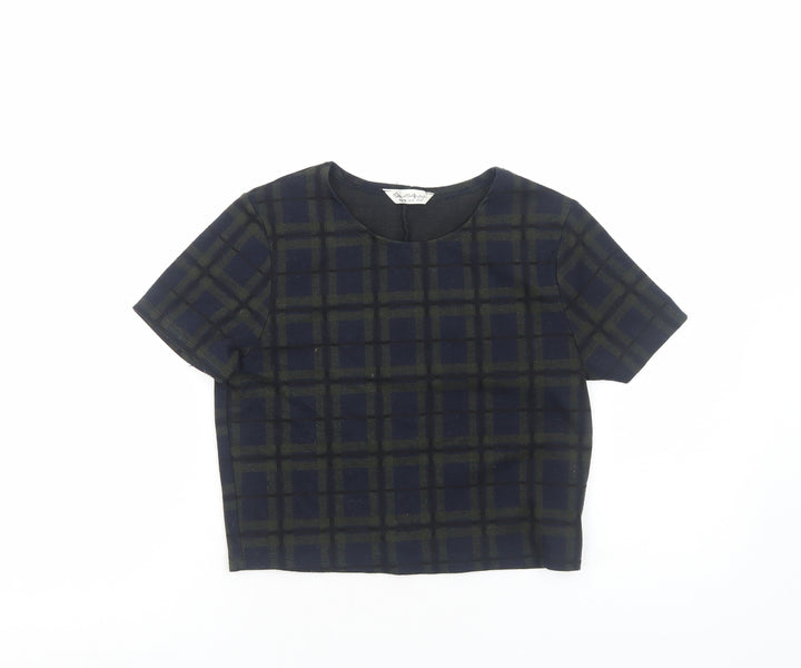 Miss Selfridge Womens Green Geometric Polyester Cropped T-Shirt Size 10 Round Neck