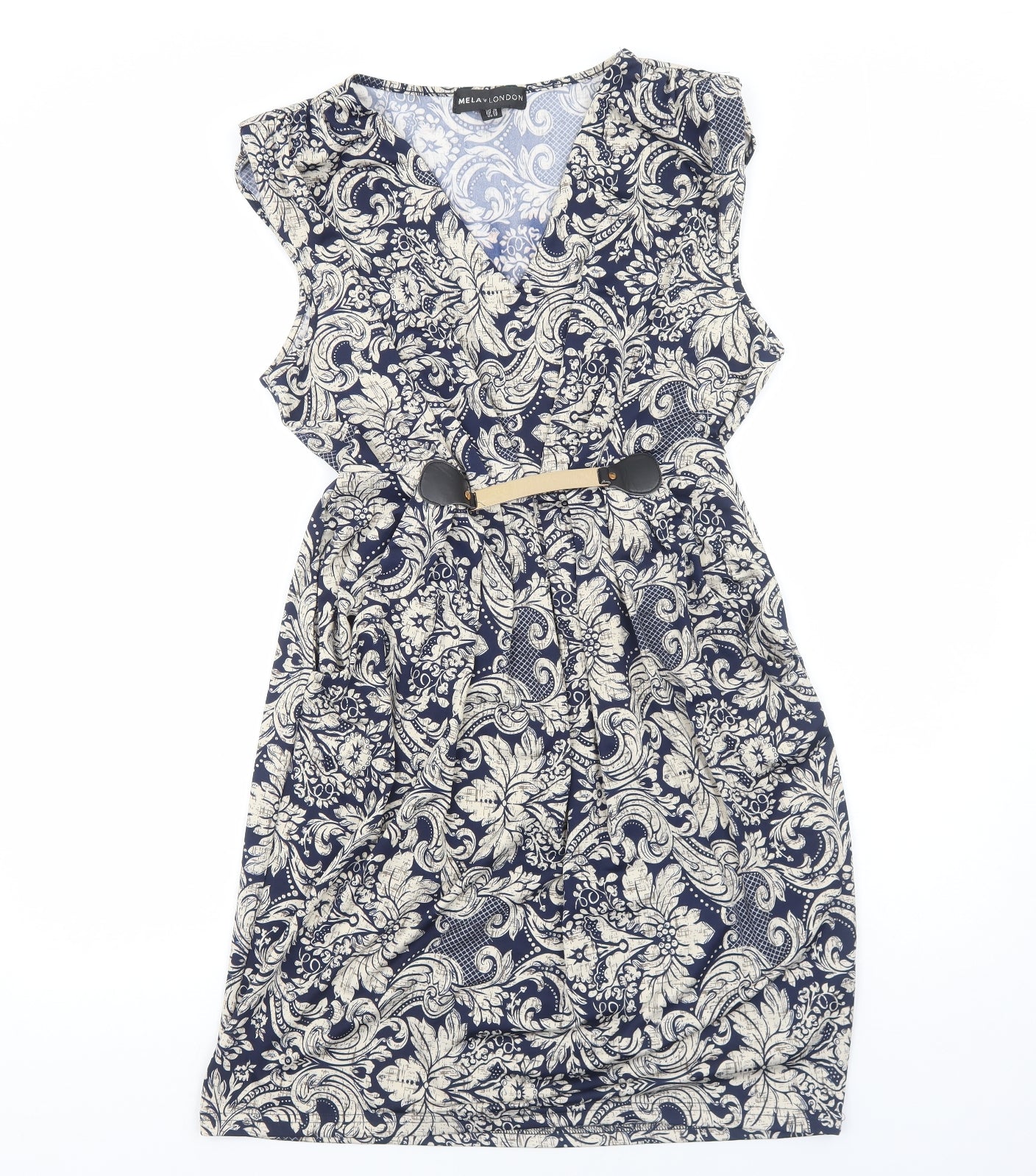 Mela London Womens Blue Floral Polyester A-Line Size 16 V-Neck Pullover