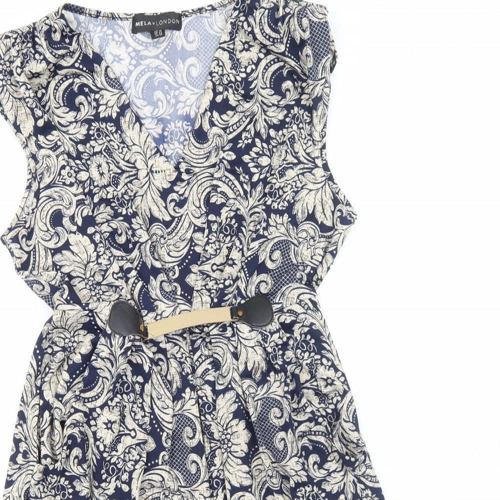Mela London Womens Blue Floral Polyester A-Line Size 16 V-Neck Pullover
