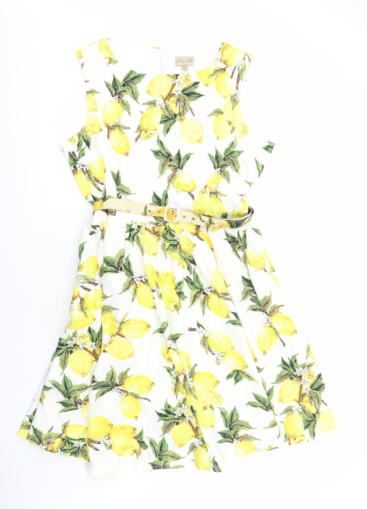 Lindy Bop Womens White Geometric Cotton Fit & Flare Size 22 Boat Neck Zip - Lemon Print