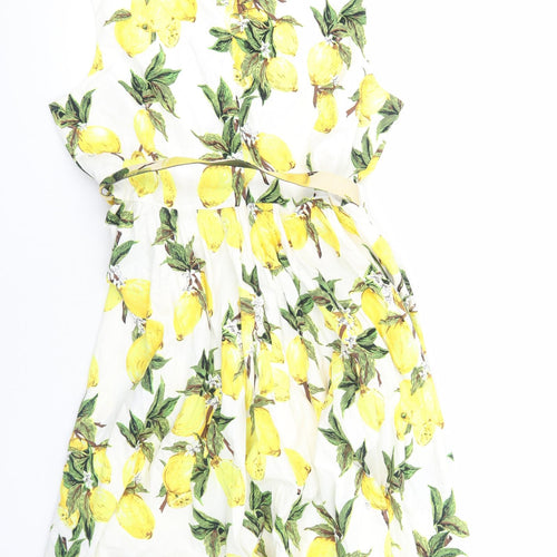 Lindy Bop Womens White Geometric Cotton Fit & Flare Size 22 Boat Neck Zip - Lemon Print