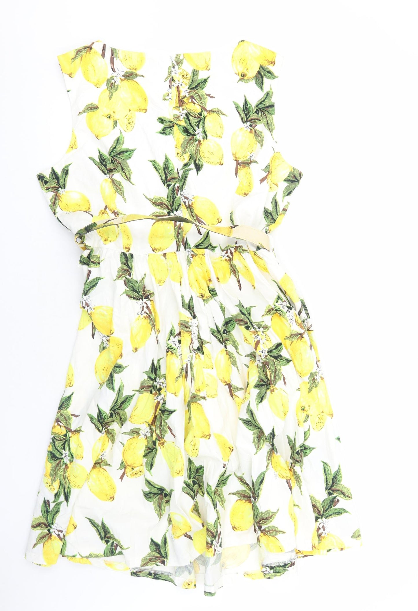 Lindy Bop Womens White Geometric Cotton Fit & Flare Size 22 Boat Neck Zip - Lemon Print