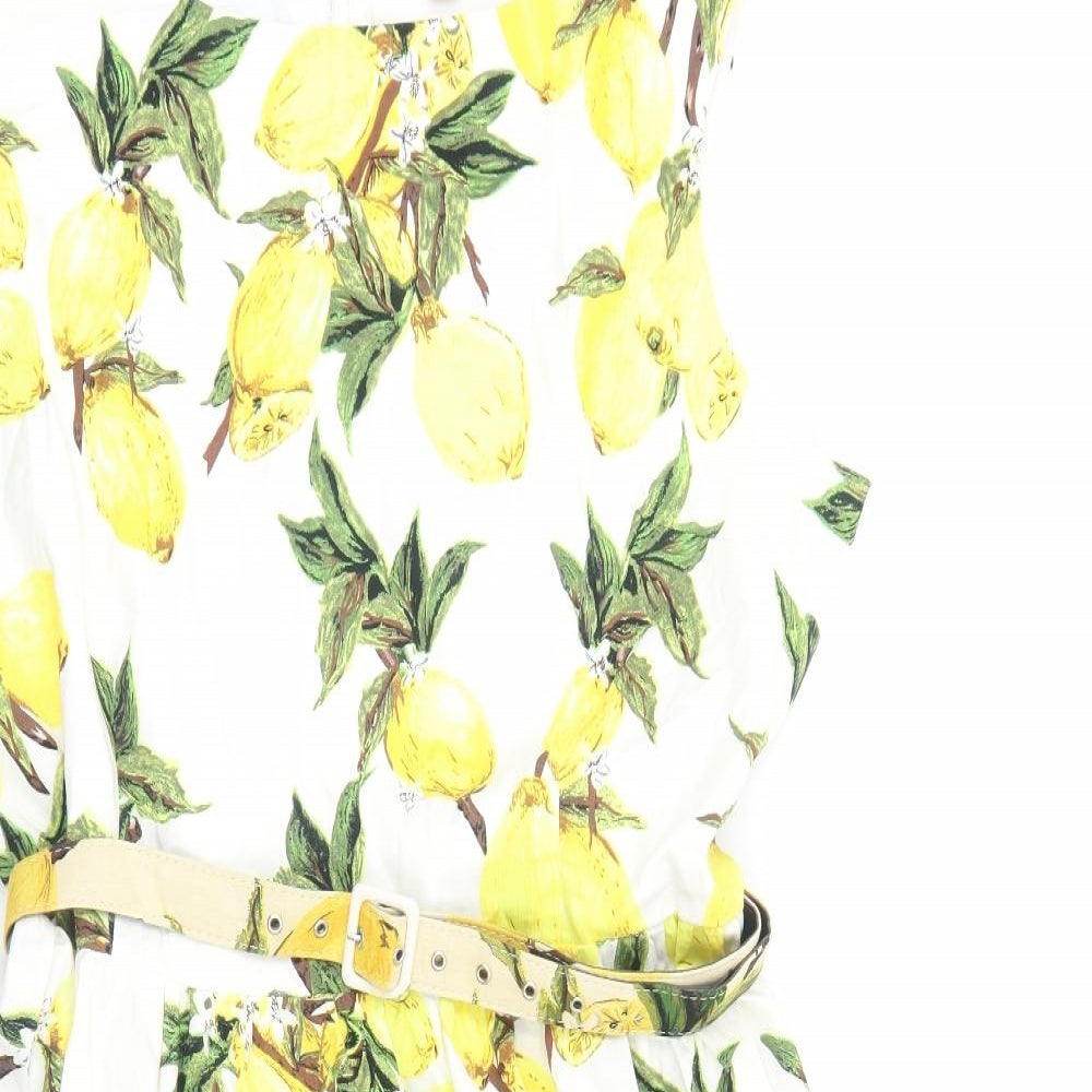 Lindy Bop Womens White Geometric Cotton Fit & Flare Size 22 Boat Neck Zip - Lemon Print