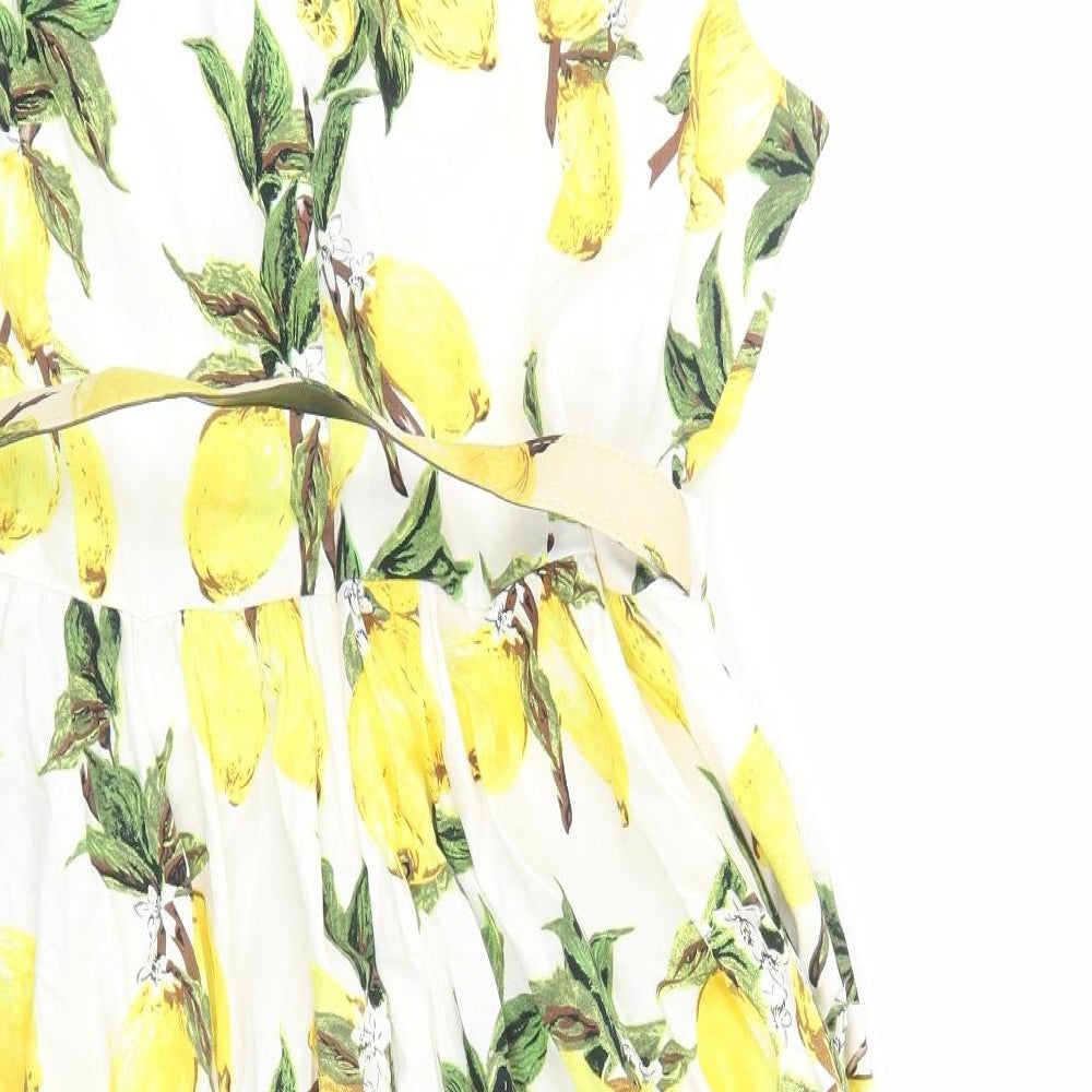 Lindy Bop Womens White Geometric Cotton Fit & Flare Size 22 Boat Neck Zip - Lemon Print