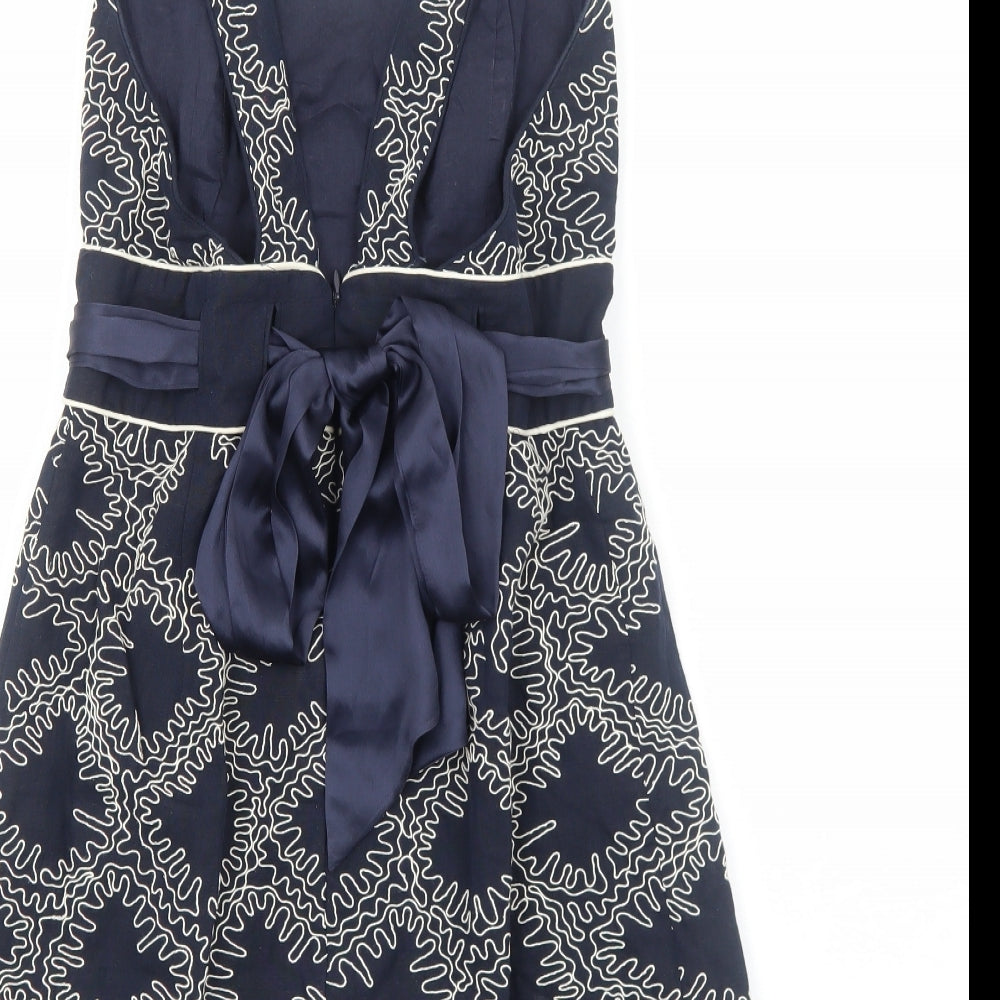 French Connection Womens Blue Geometric Cotton Mini Size 8 Square Neck Zip