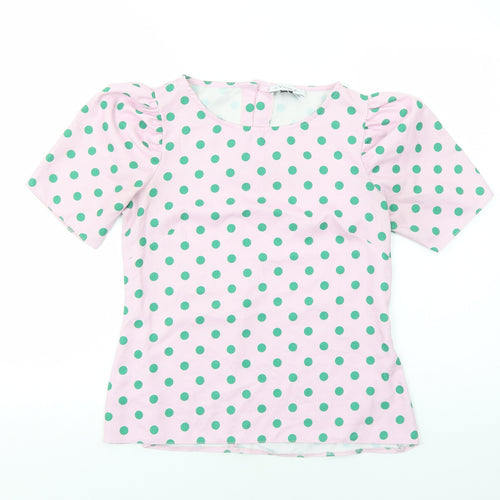 Closet Womens Pink Polka Dot Polyester Basic T-Shirt Size 12 Round Neck