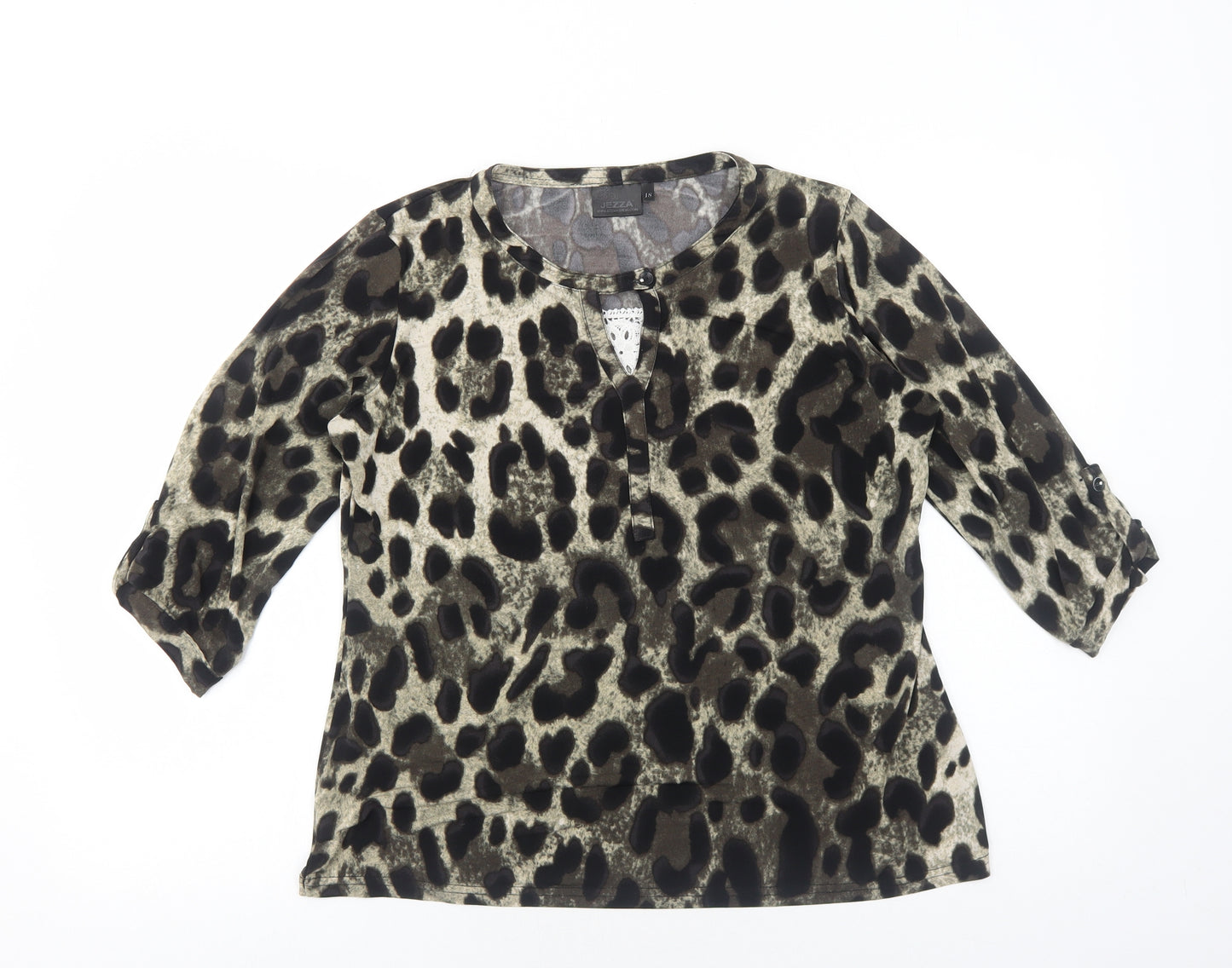 Jezza Womens Black Animal Print Polyester Basic T-Shirt Size 18 Round Neck - Leopard Pattern