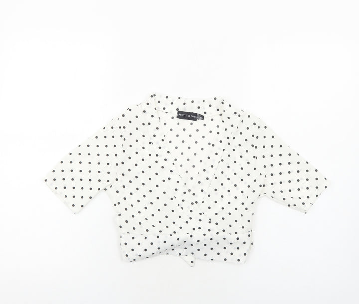 PRETTYLITTLETHING Womens White Polka Dot Polyester Cropped Blouse Size 6 V-Neck