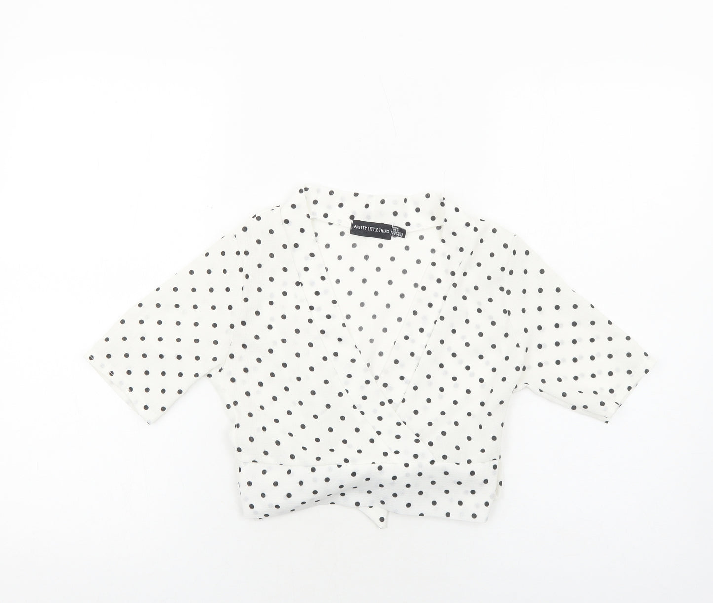 PRETTYLITTLETHING Womens White Polka Dot Polyester Cropped Blouse Size 6 V-Neck