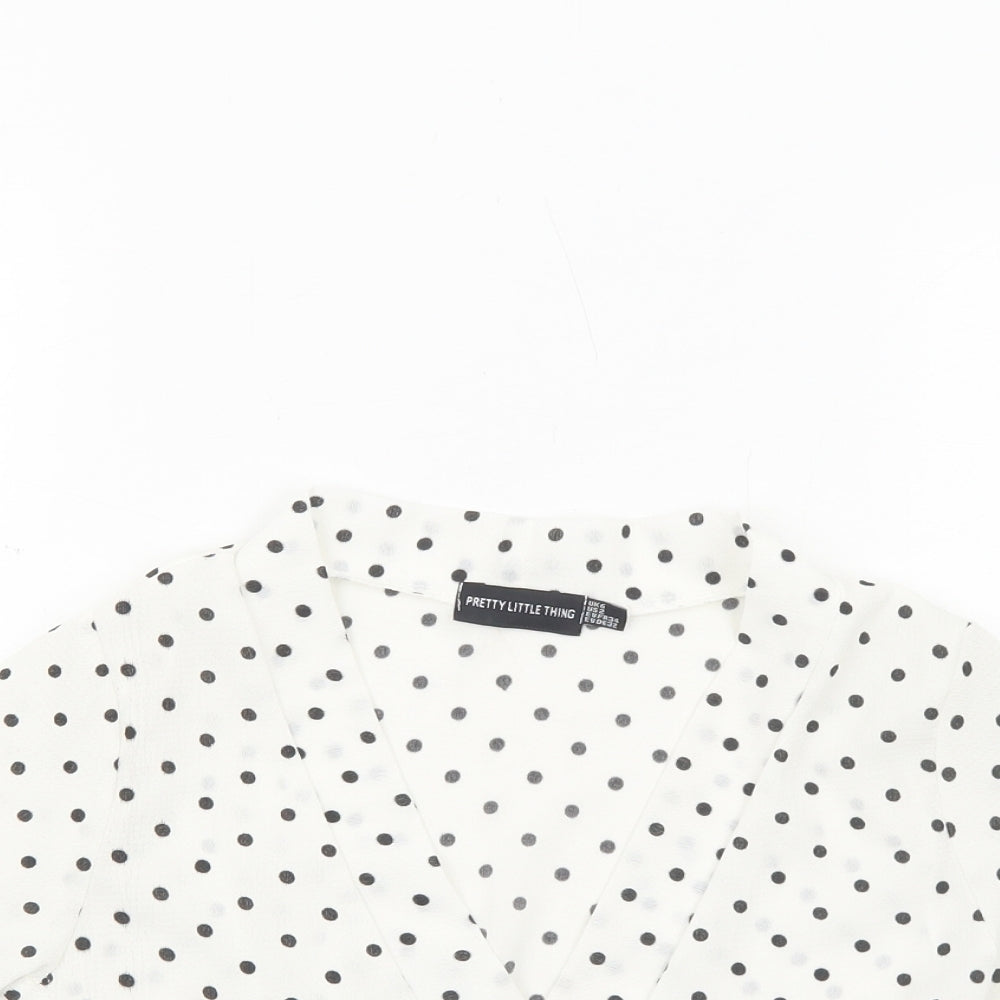 PRETTYLITTLETHING Womens White Polka Dot Polyester Cropped Blouse Size 6 V-Neck