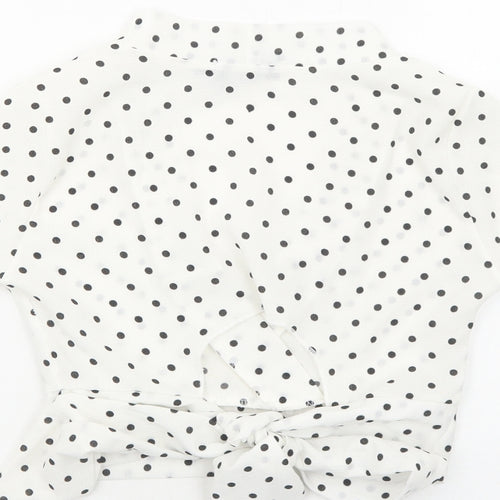 PRETTYLITTLETHING Womens White Polka Dot Polyester Cropped Blouse Size 6 V-Neck