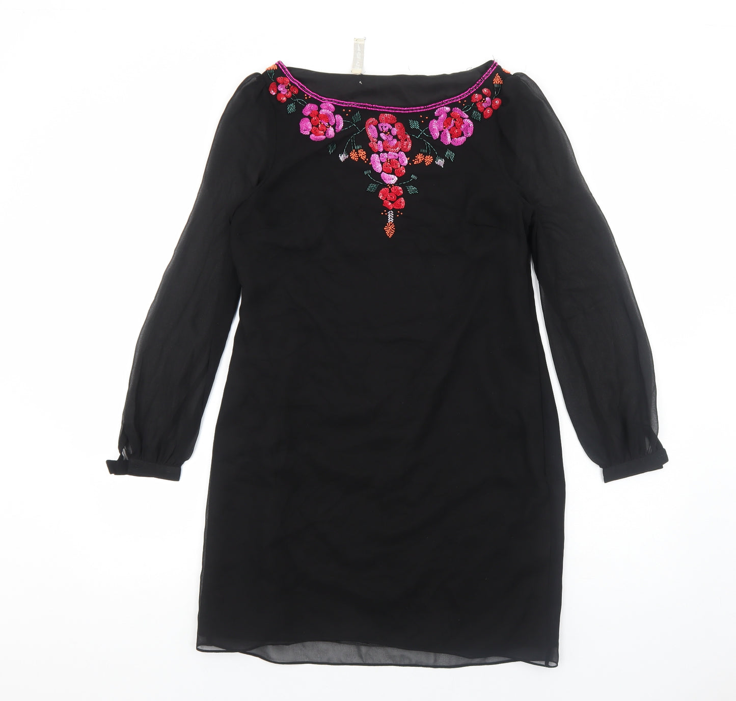Teatro Womens Black Polyester A-Line Size 10 Boat Neck Zip - Flower