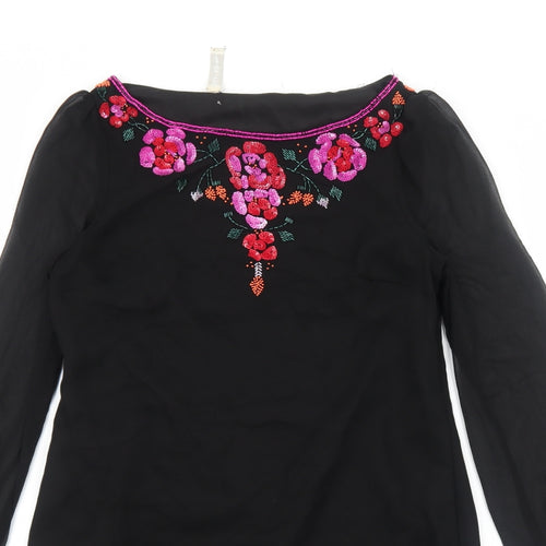 Teatro Womens Black Polyester A-Line Size 10 Boat Neck Zip - Flower