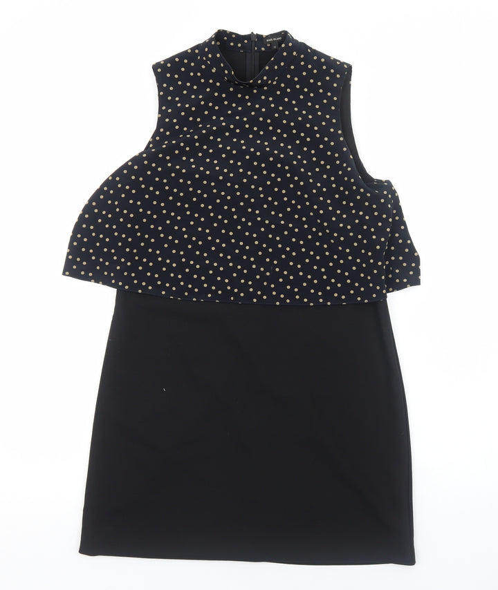 River Island Womens Black Geometric Polyester A-Line Size 12 Mock Neck Zip