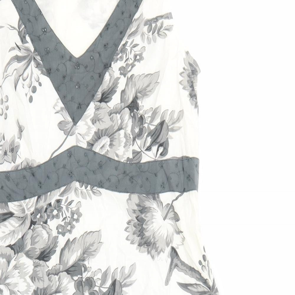 Preworn Womens White Floral Cotton A-Line Size L V-Neck Zip