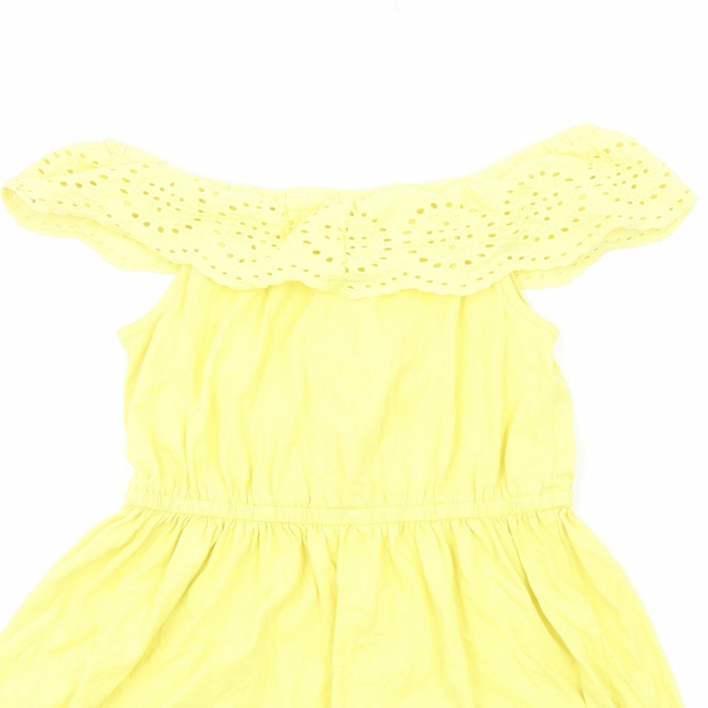 PEP&CO Girls Yellow Viscose A-Line Size 10-11 Years Off the Shoulder Pullover - Broderie Anglaise Details