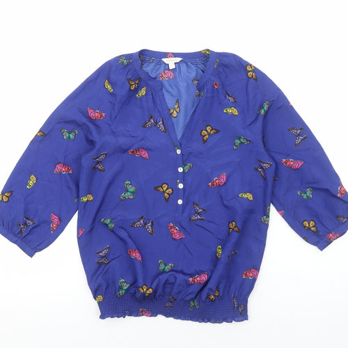 Monsoon Womens Blue Geometric Polyester Basic Blouse Size S V-Neck - Butterfly Pattern
