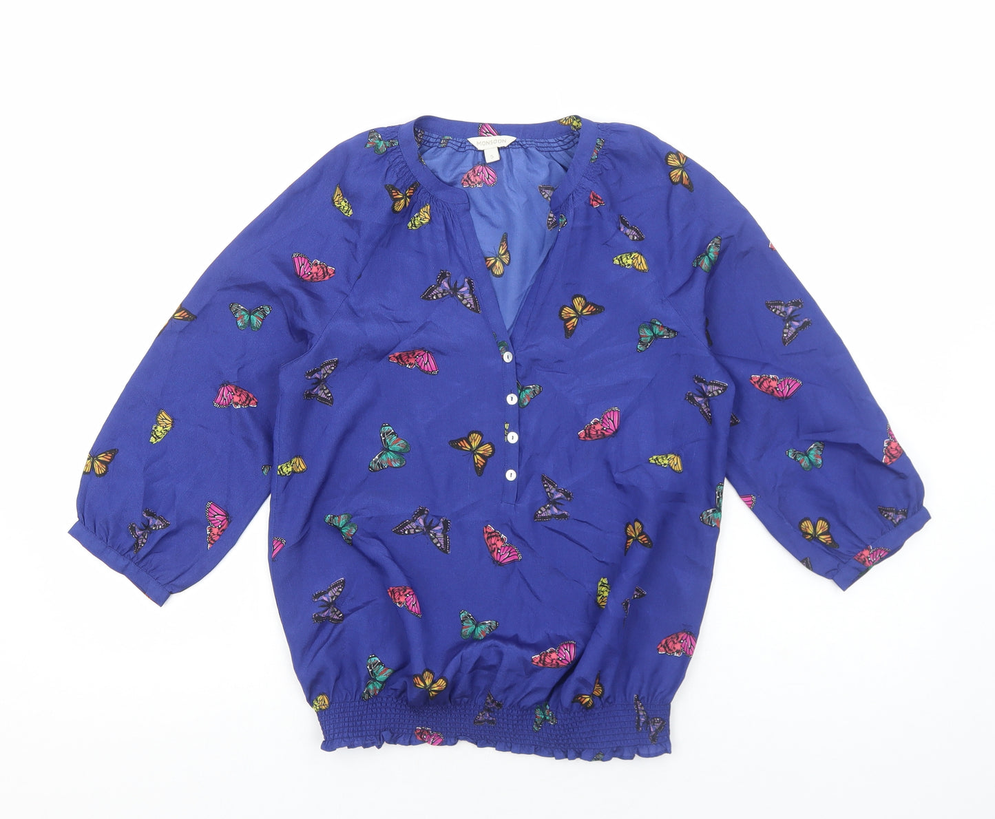 Monsoon Womens Blue Geometric Polyester Basic Blouse Size S V-Neck - Butterfly Pattern