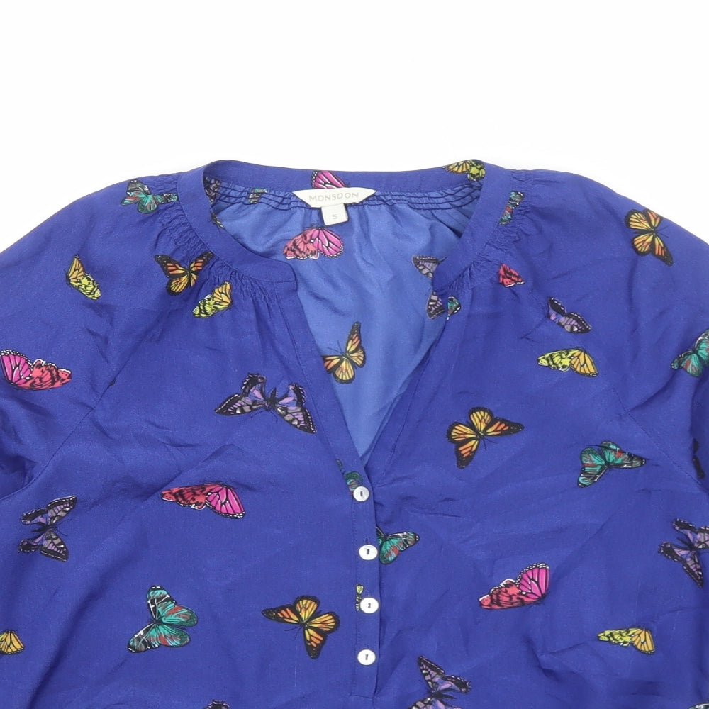 Monsoon Womens Blue Geometric Polyester Basic Blouse Size S V-Neck - Butterfly Pattern