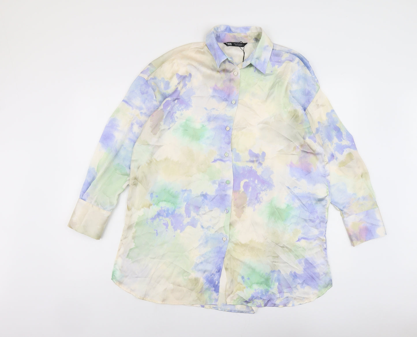 Zara Womens Multicoloured Geometric Polyester Basic Button-Up Size S Collared