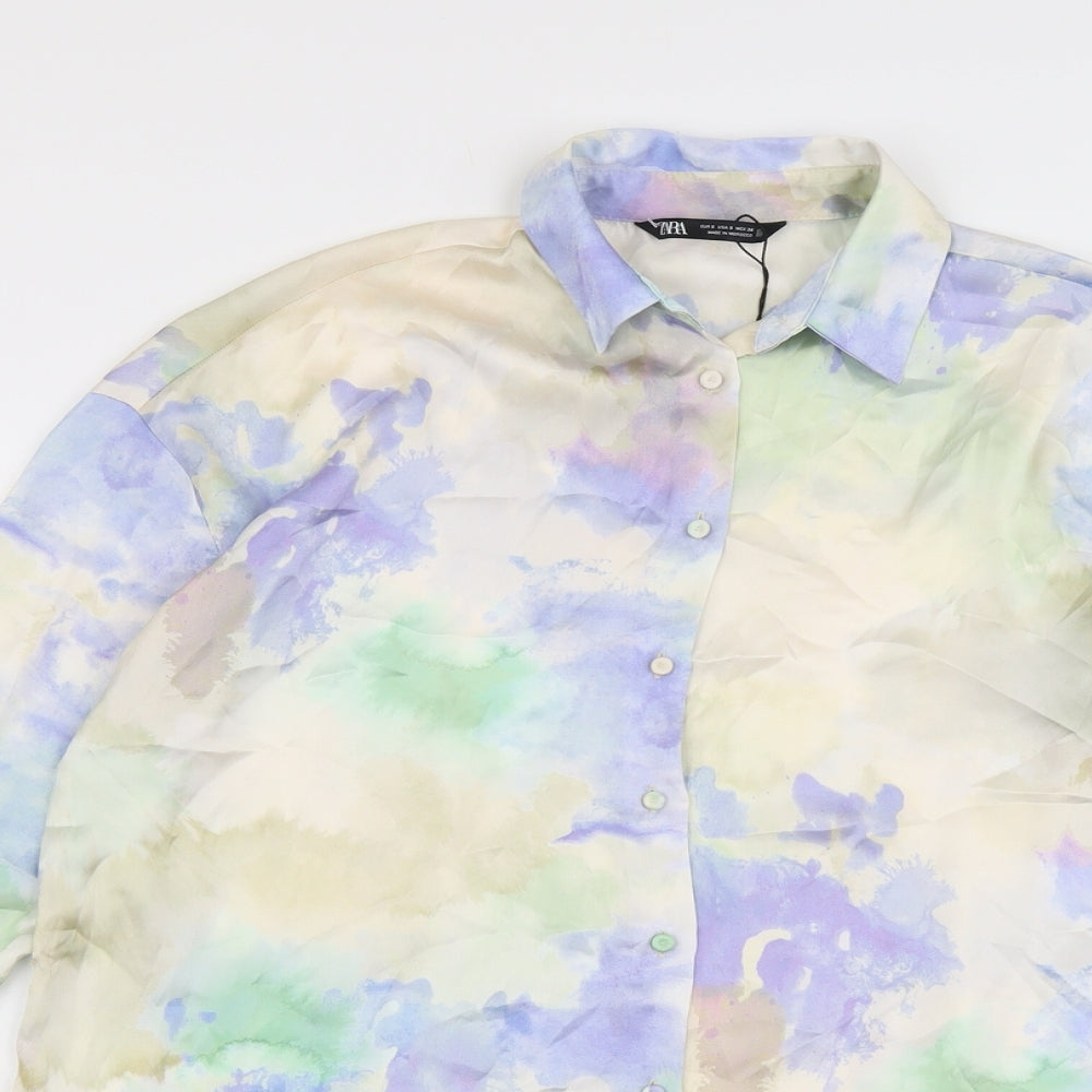 Zara Womens Multicoloured Geometric Polyester Basic Button-Up Size S Collared