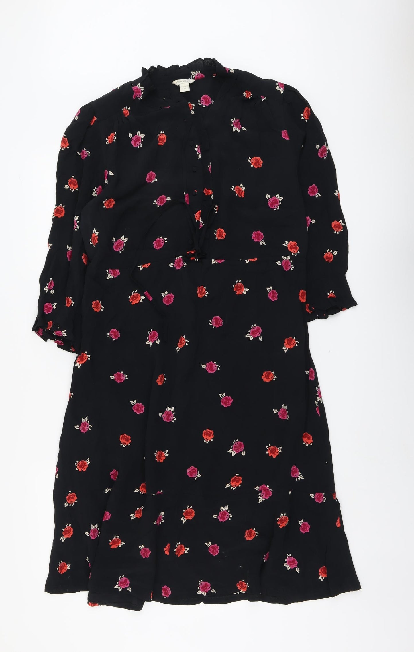 Monsoon Womens Black Floral Viscose Trapeze & Swing Size 12 V-Neck Button